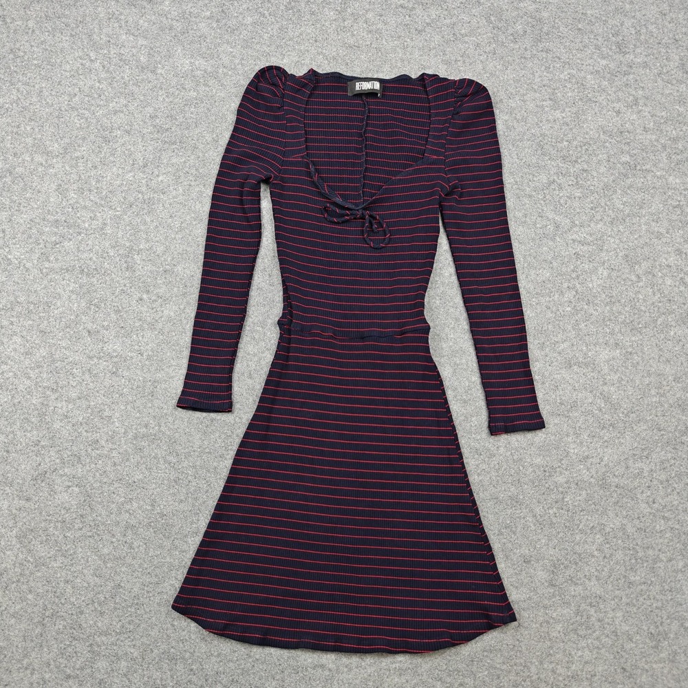 Reformation Dress Womens XS Blue Striped Ribbed Puff Sleeve Fit & Flare Mini